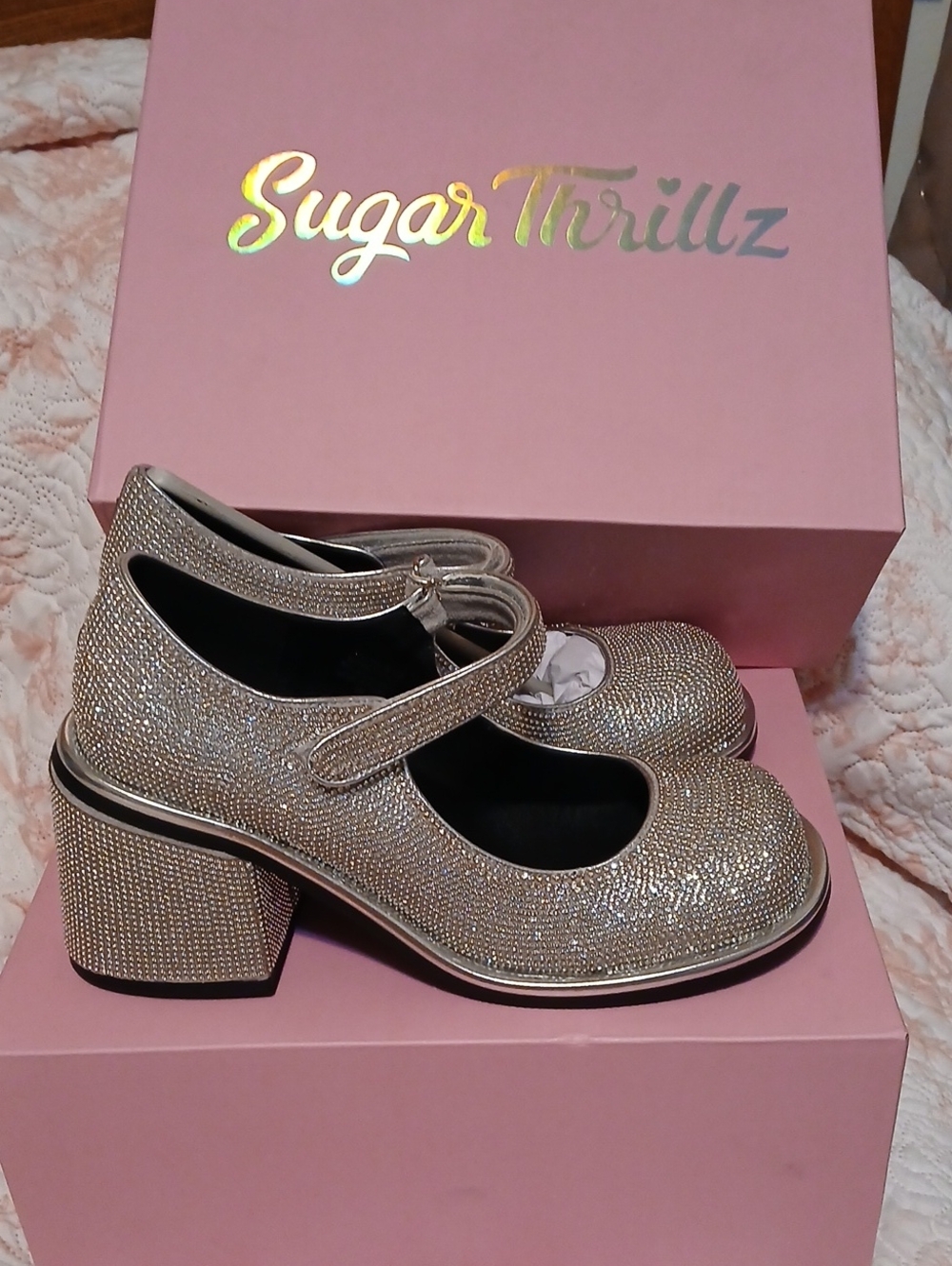 Sugar Thrillz Glitter Mary Jane Block Heels in Silver Sparkle Rhinestones